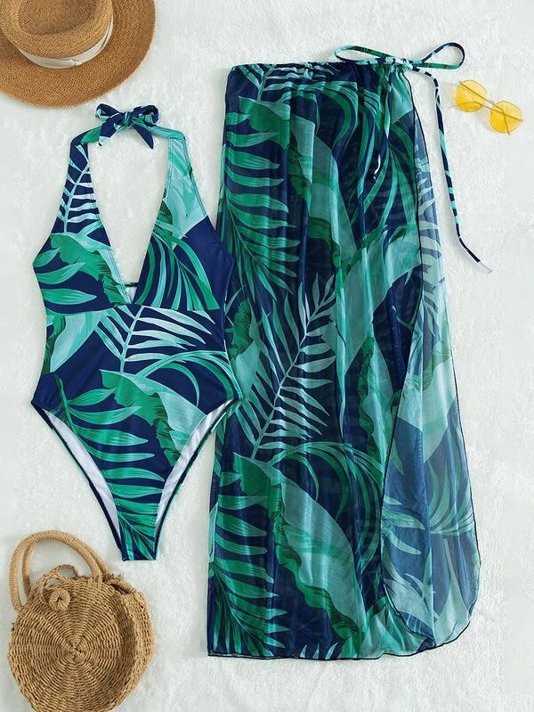 Damen Set aus einem einteiligen Badeanzug mit floralem Design und passendem Sarong Drune