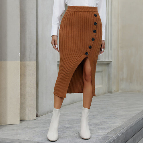Damen Strickrock mit seitlichem Schlitz und dekorativen Knopfdetails Drune