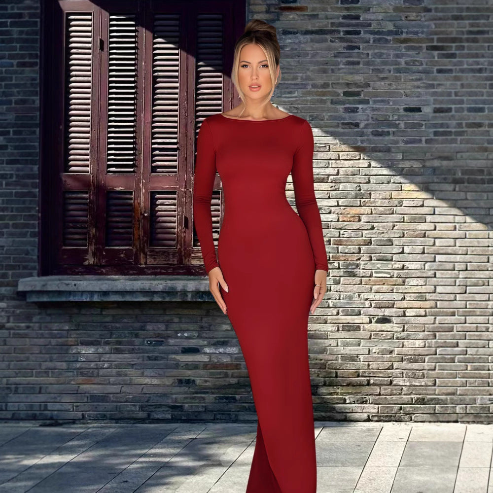 Damen Langarm-Maxikleid mit figurbetonter Silhouette und elegantem Ausschnitt Drune
