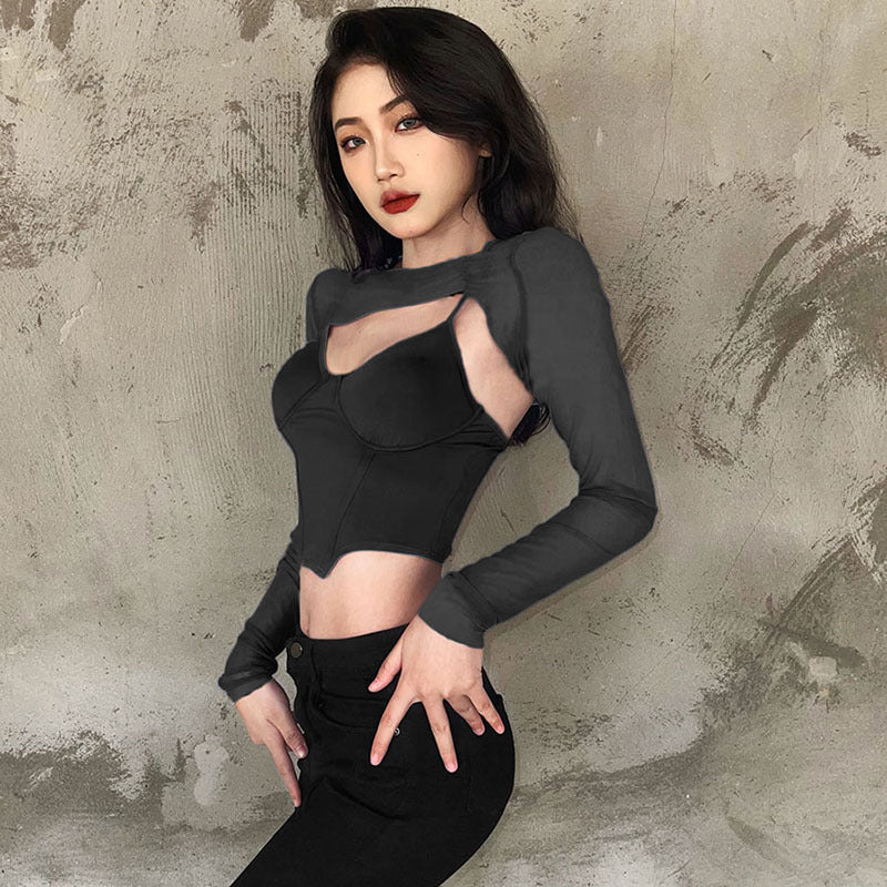 Damen Modisches Longsleeve Oberteil mit transparentem Material und integrierter Unterbruststütze Drune