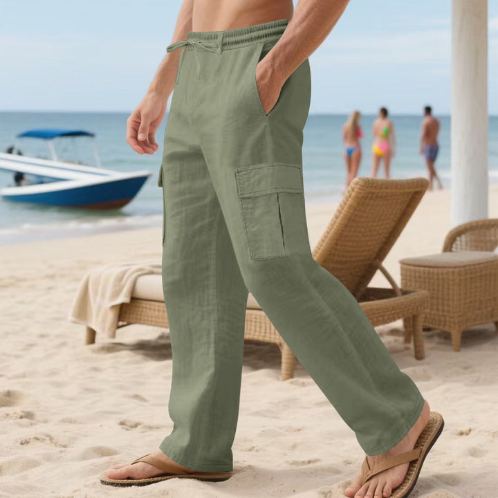 Herren nan lockere Cargo-Strandhose aus Leinenmix mit elastischem Bund und verstellbarem Kordelzug Drune