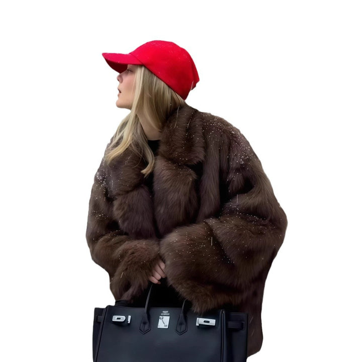 Damen luxuriöse Kunstpelzjacke mit funkelnden Akzenten Drune