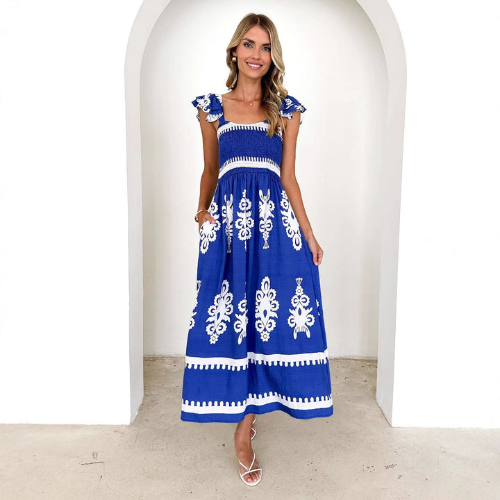 Damen Maxikleid mit floralen Stickereien und Rüschendetails Drune