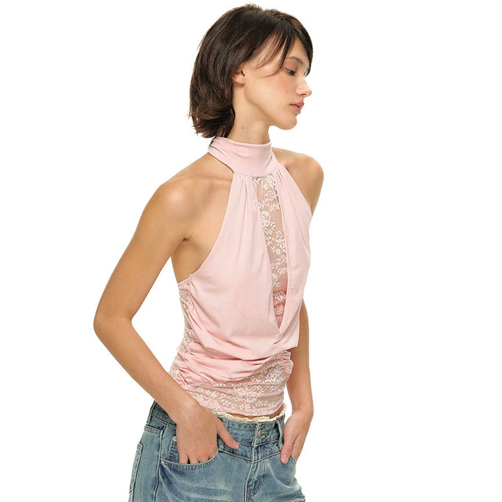 Damen elegantes Neckholder-Top mit transparenten Einsätzen und Raffung Drune