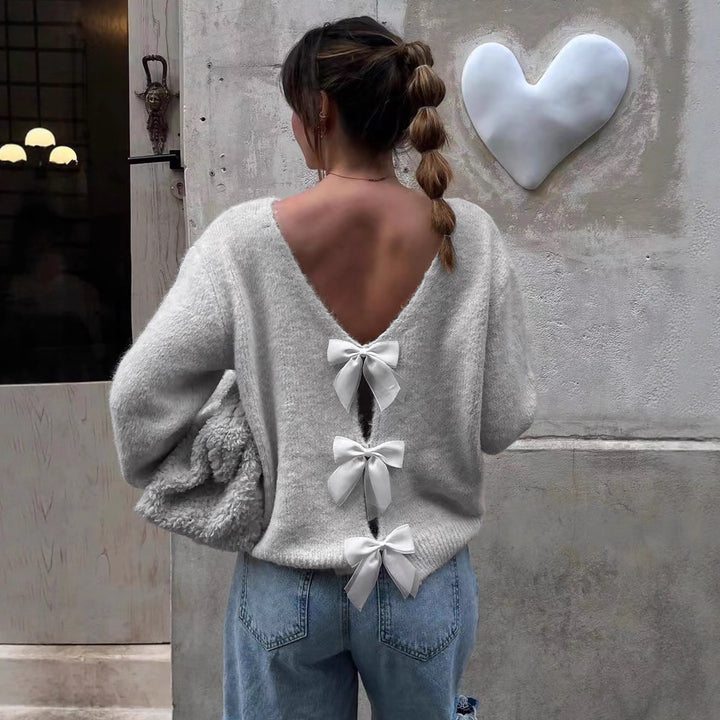 Damen modischer Strickpullover mit V-Ausschnitt und Schleifendetails Drune