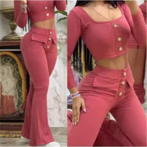Damen modisches cropped Oberteil mit Flared-Hose und Knopfdetails Drune