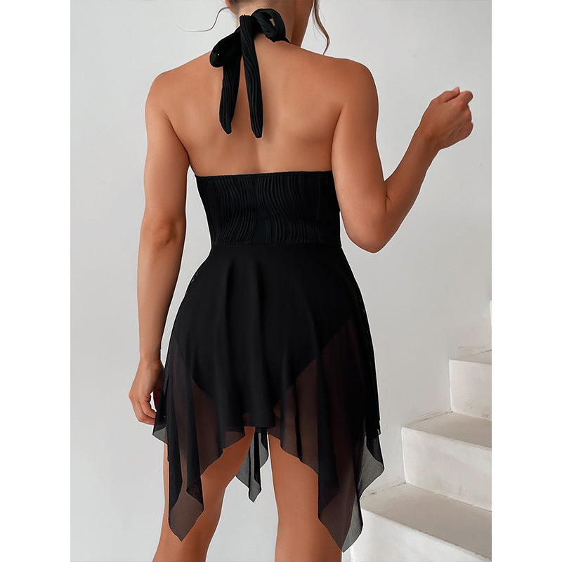 Damen Eleganter Wickel-Badeanzug mit tiefem V-Ausschnitt und Chiffonrock Drune