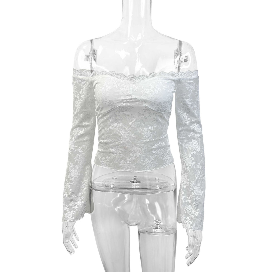Damen Spitzenoberteil mit schulterfreiem Design und eleganten Trompetenärmeln Drune