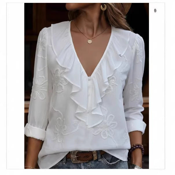 Damen elegante Bluse mit Volant und floralem Stickmuster Drune