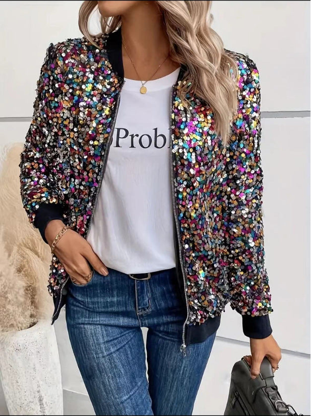 Damen Glitzer Bomberjacke mit funkelnden Pailletten und elastischen Bündchen Drune