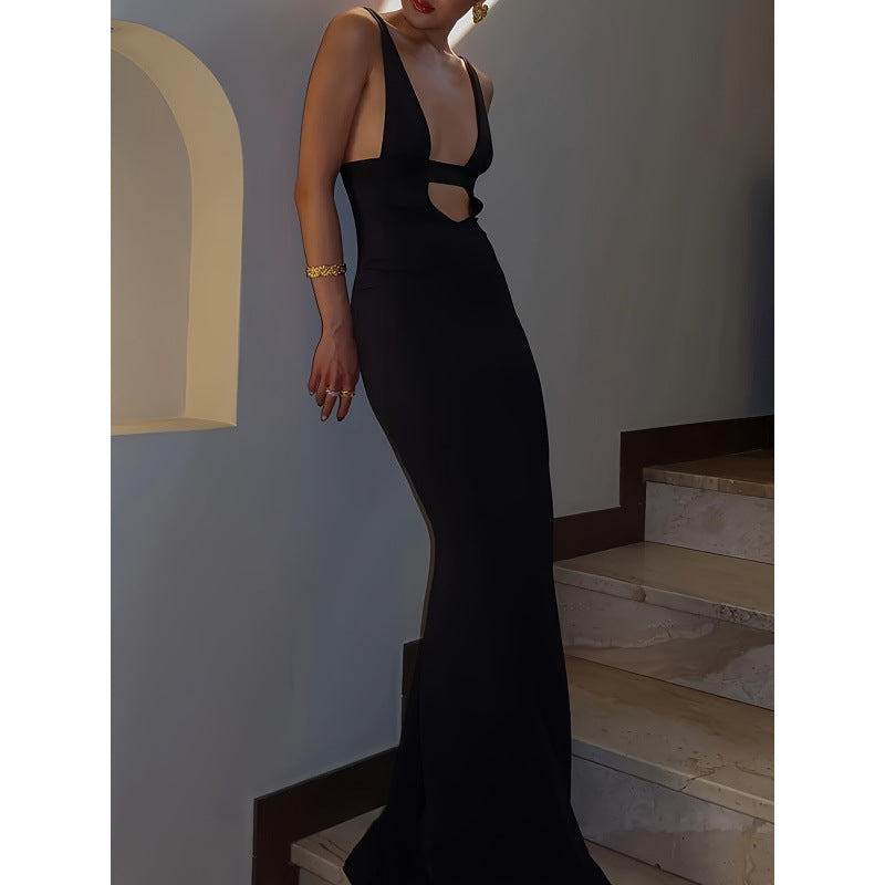 Damen figurbetontes Maxikleid mit tiefem V-Ausschnitt und elegantem Schlitz Drune