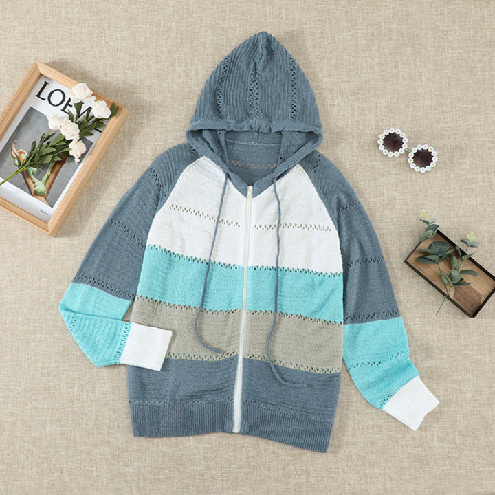 Damen lässige Strickjacke mit Kapuze und dekorativem Lochmuster Drune