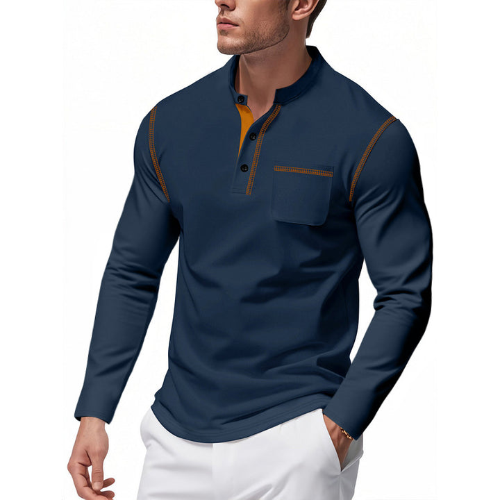 Herren nan Henley-Langarmshirt mit Stehkragen, Brusttasche und kontrastierenden Ziernähten Drune