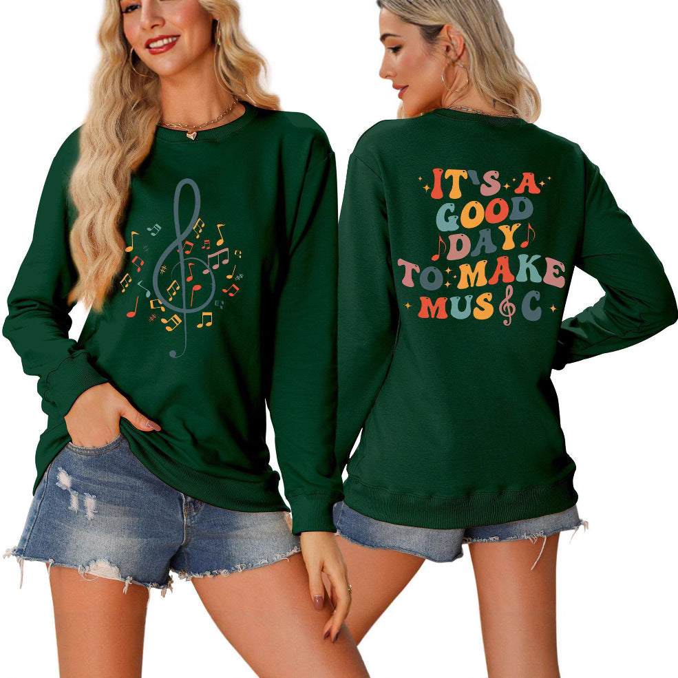Damen Sweatshirt mit musikalischem Motiv und kreativem Schriftzug Drune