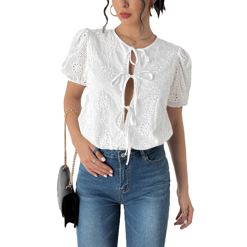 Damen Puffärmel Bluse mit dekorativen Blumenmustern und Kordelzug Drune
