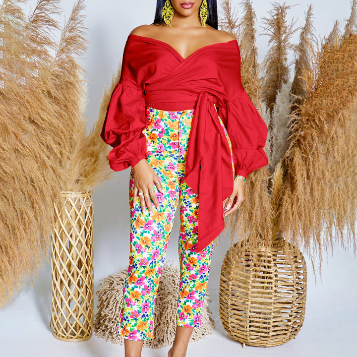 Damen Wickelbluse mit voluminösen Ärmeln und eleganter Schleifenbindung Drune