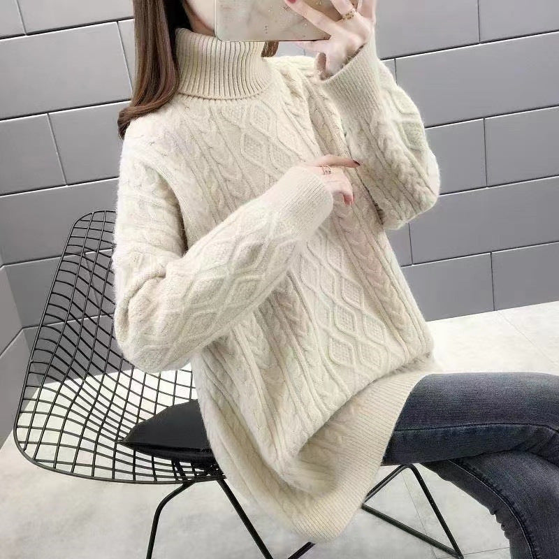 Damen Grobstrickpullover mit hohem Kragen und Zopfmuster Drune
