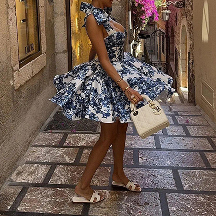 Damen Mini Kleid mit strukturiertem Blumenmuster und Schleifen-Trägern Drune