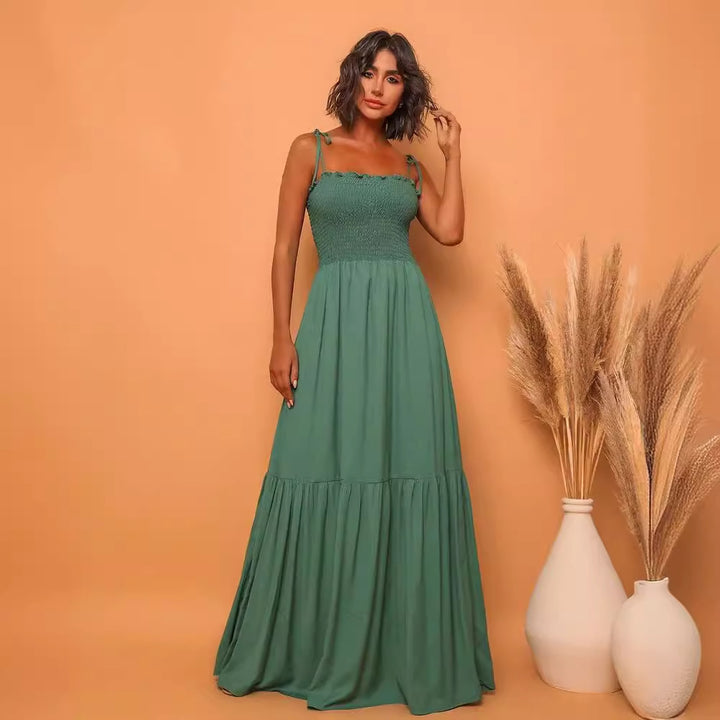 Damen luftiges Maxikleid mit Spaghetti-Trägern und Rüschendetails Drune