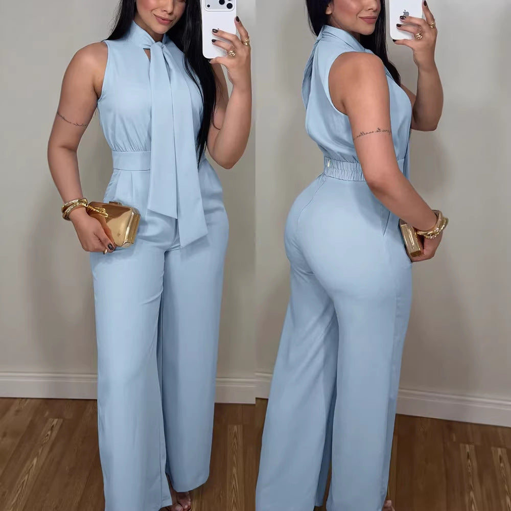 Damen eleganter Jumpsuit mit fließendem Schnitt und bindbarem Kragen Drune