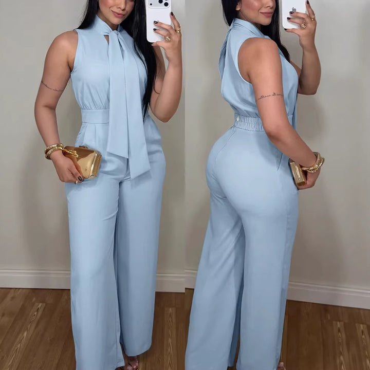Damen eleganter Jumpsuit mit fließendem Schnitt und bindbarem Kragen Drune