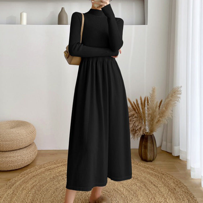 Damen Elegantes Maxikleid mit hohem Kragen und elastischem Bund Drune