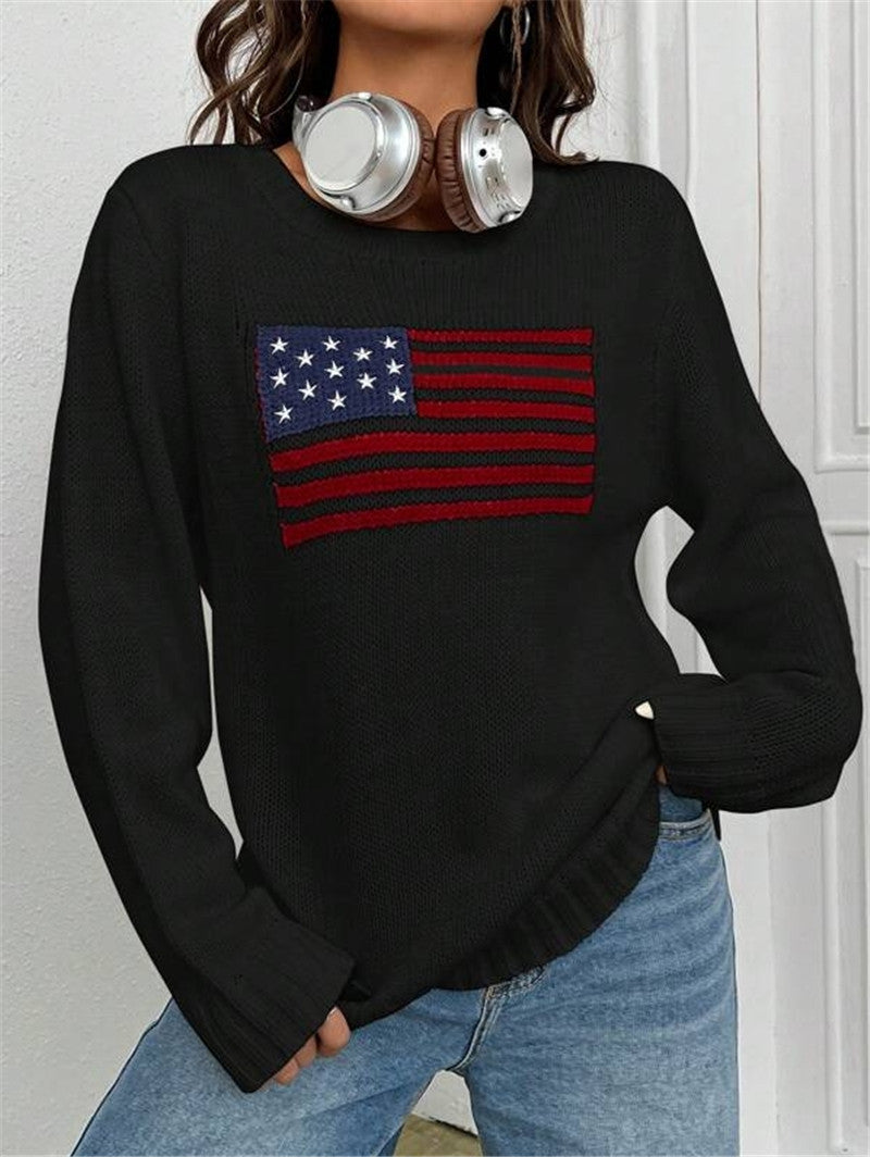 Damen lässiger Crop-Pullover mit Flaggenmuster und strukturiertem Strick Drune