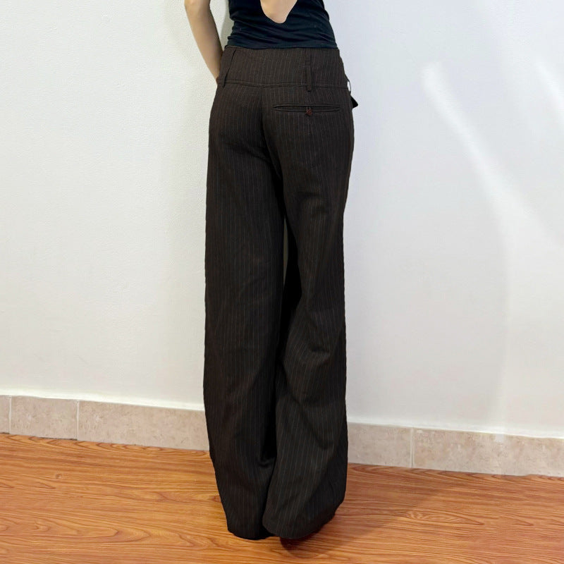 Damen Elegante weit geschnittene Streifenhose mit hoch sitzendem Bund und dekorativen Knopfdetails Drune