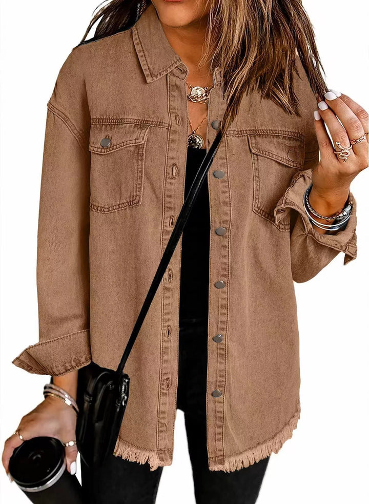Damen Jeanshemd mit fransigem Saum und praktischen Taschen Drune