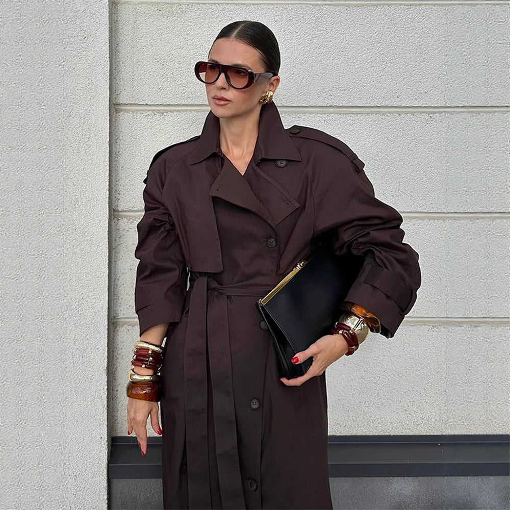 Damen modischer Trenchcoat mit Gürtel und voluminösen Ärmeln Drune
