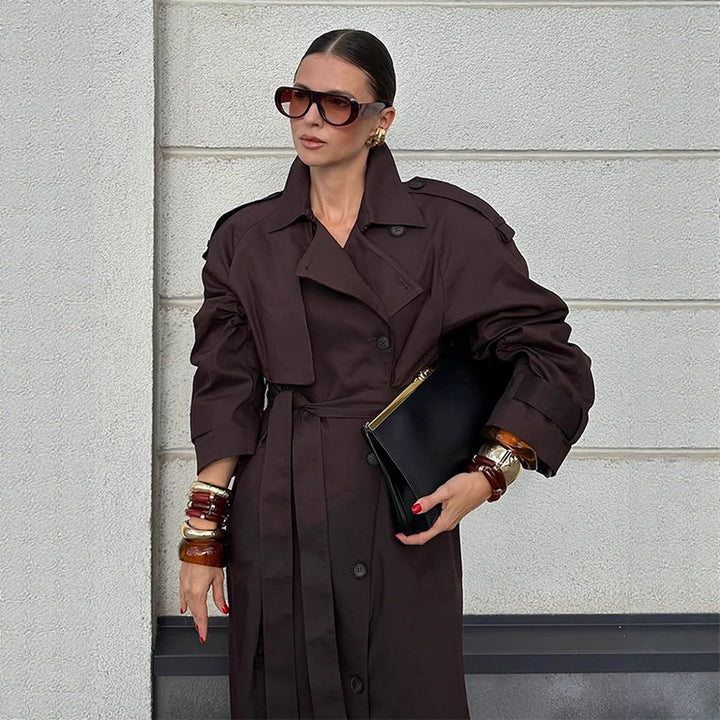 Damen modischer Trenchcoat mit Gürtel und voluminösen Ärmeln Drune