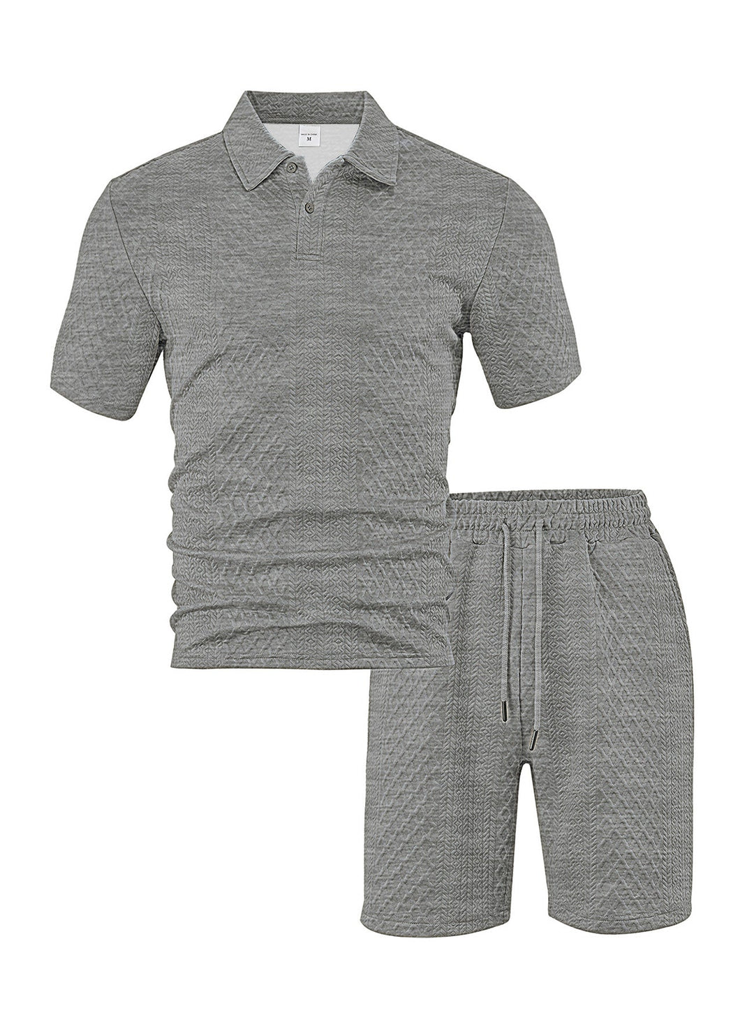 Herren nan eleganter Freizeit-Zweiteiler aus geprägtem Strick mit Polokragen Kurzarmshirt und Tunnelzug-Bermuda Drune
