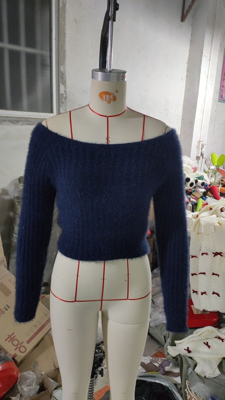 Damen Off-Shoulder Strickpullover mit feiner Rippstruktur und langen Ärmeln Drune
