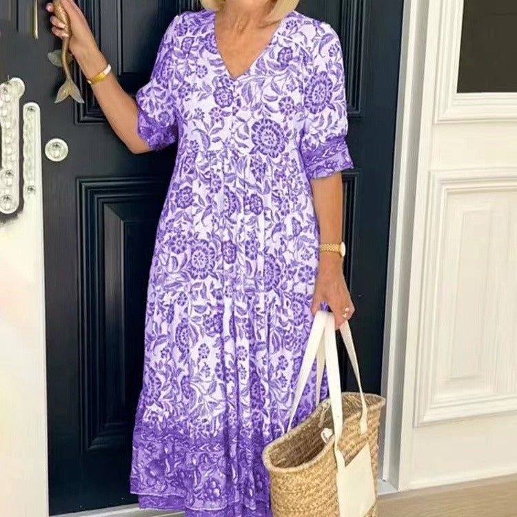 Drune | Dreiviertelärmeliges langes floral gefärbtes Tie-Dye Druckkleid