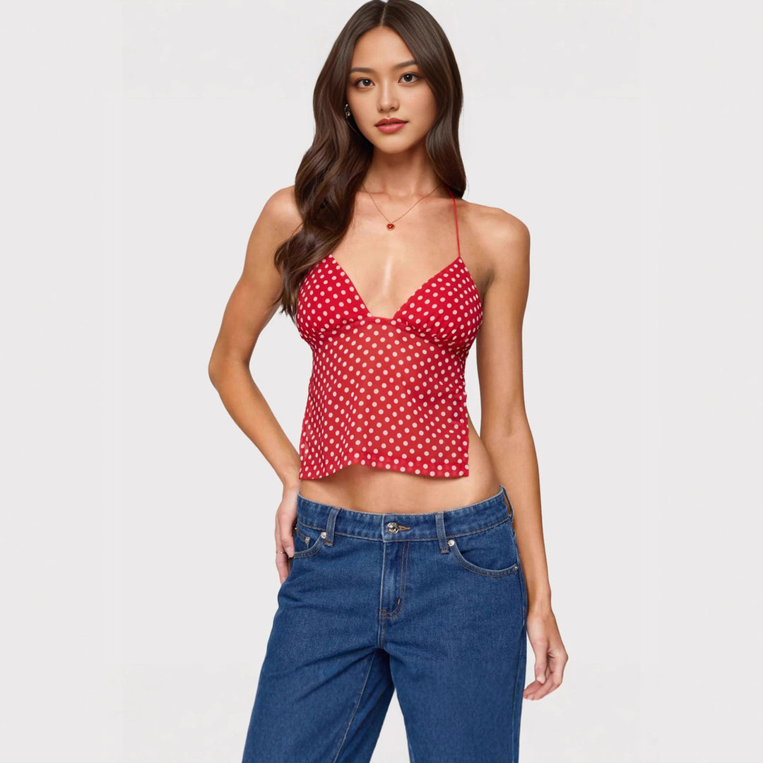 Damen Transparente Bluse mit Punktmuster und dehnten Trägern Drune