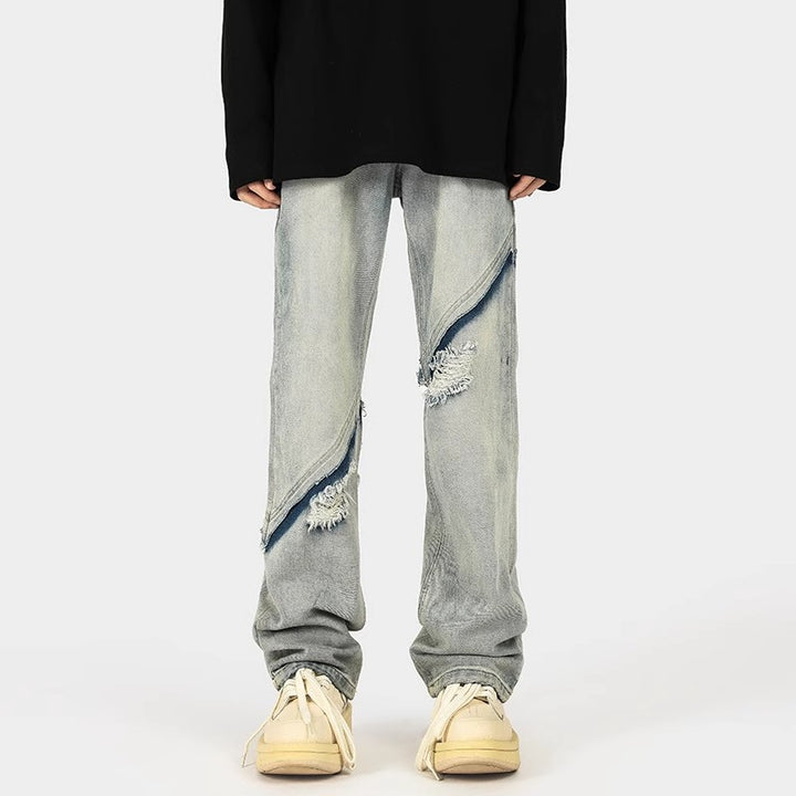 Herren modische Ripped Denim-Jeans im lässigen Schnitt mit asymmetrischem Design Drune