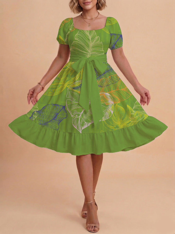 Damen A-Linien-Kleid mit floralen Motiven und taillierbarem Gürtel Drune
