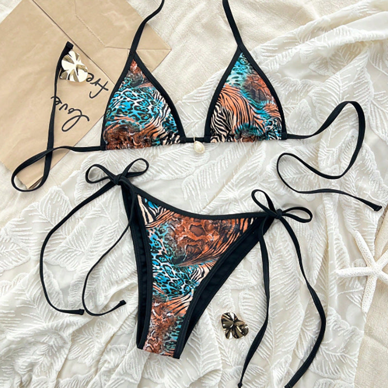 Damen Triangel-Bikini mit animalischem Muster und seitlichen Krawatten Drune