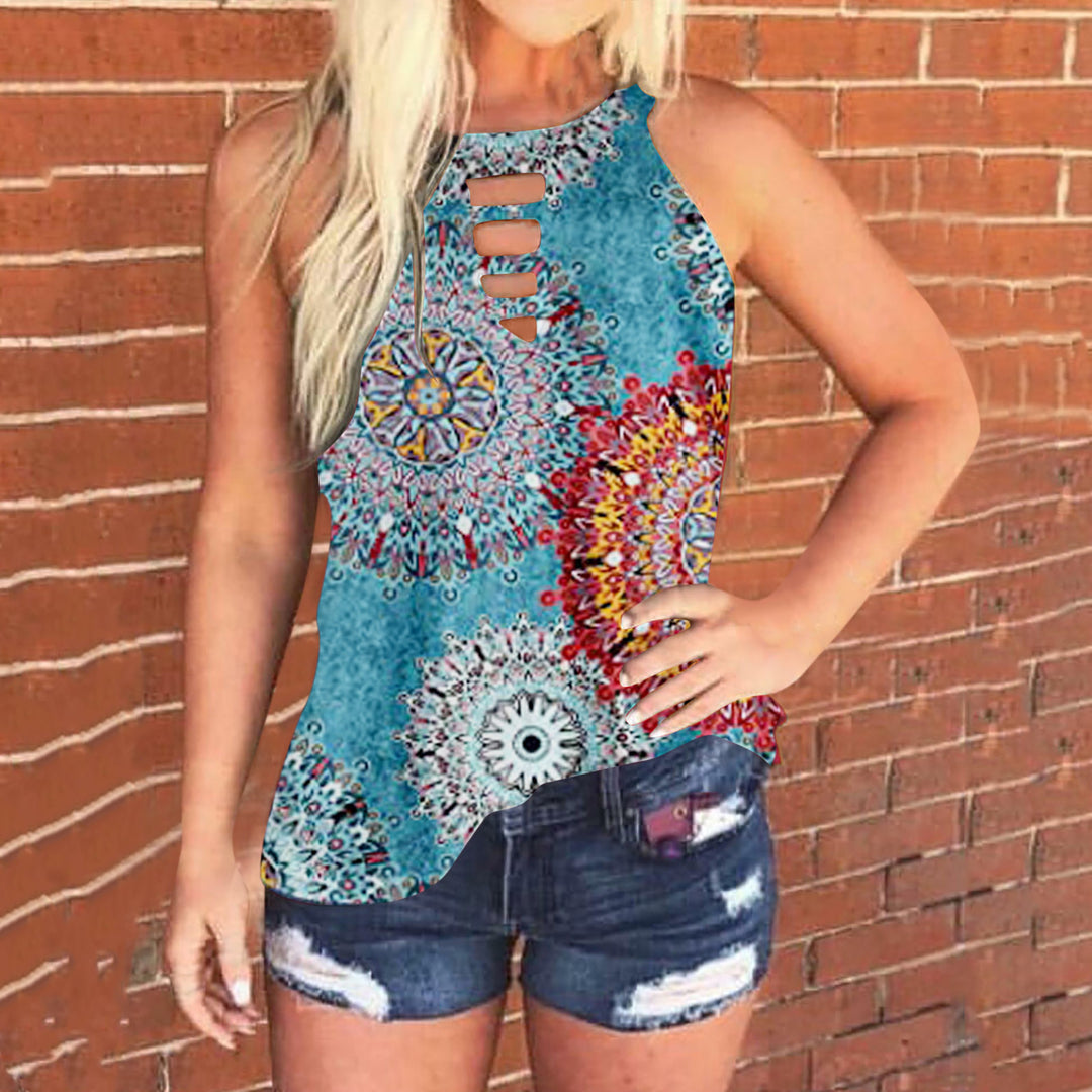 Damen ärmelloses Halboberteil mit detailliertem Mandala-Muster und modischem Cut-Out Drune