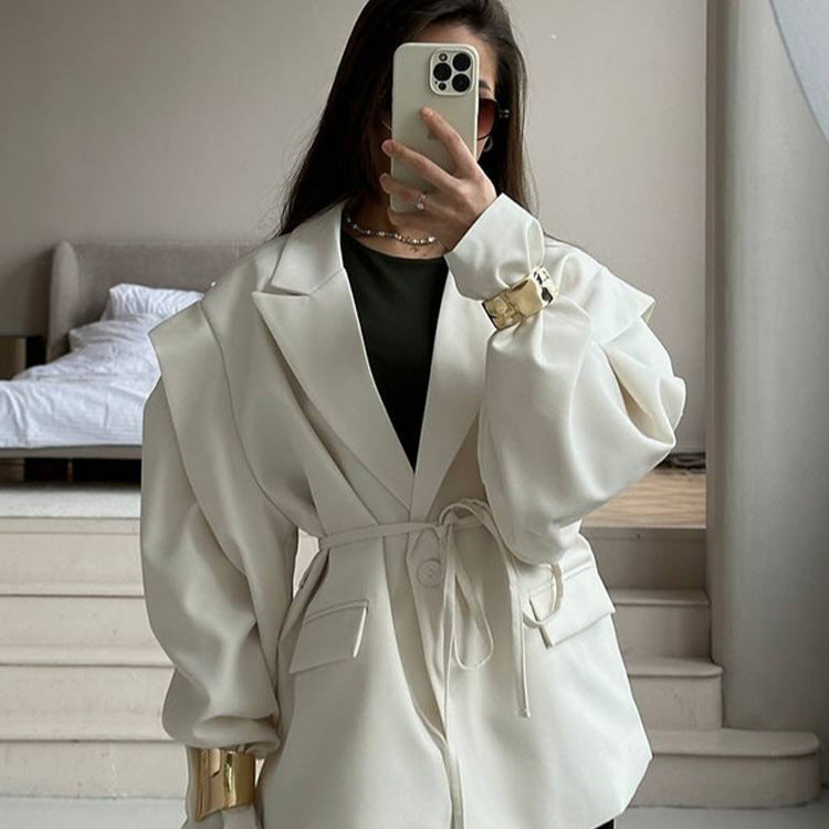 Damen elegante oversized Blazerjacke mit Gürteldetail Drune