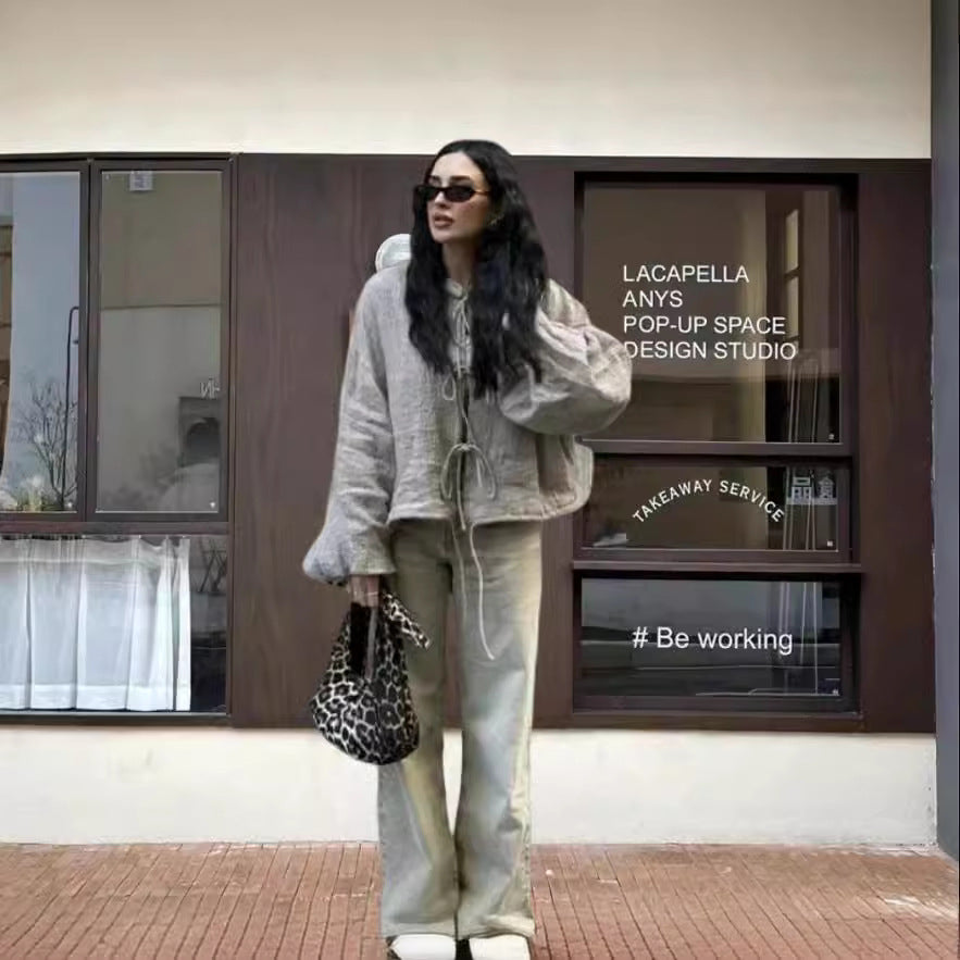 Damen leicht gefütterte Knitjacke mit Kordelzug und weiten Ärmeln Drune