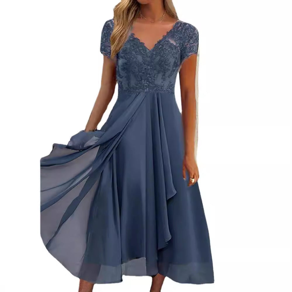 Damen Maxikleid mit elegantem Spitzeneinsatz und fließendem Rock Drune