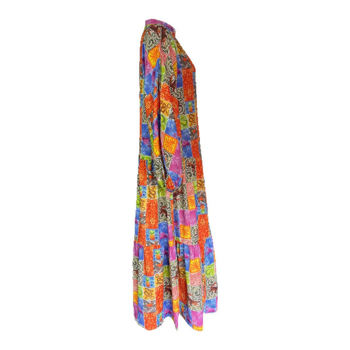 Damen Maxikleid im Boho-Stil mit buntem Patchwork-Design und weiten Ärmeln Drune