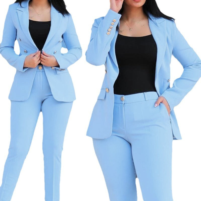 Damen nan tailliertes Business-Hosenanzug-Set mit doppelreihigem Reversblazer und schmal zulaufender Bundhose Drune