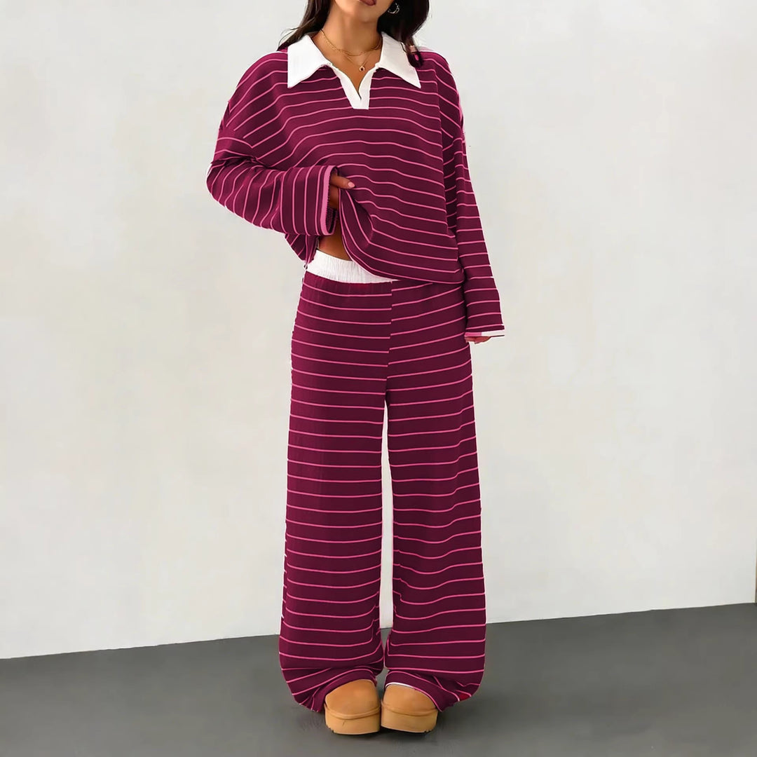 Damen lässiges Strick-Set mit breiten Streifen und samtigem Kragen Drune