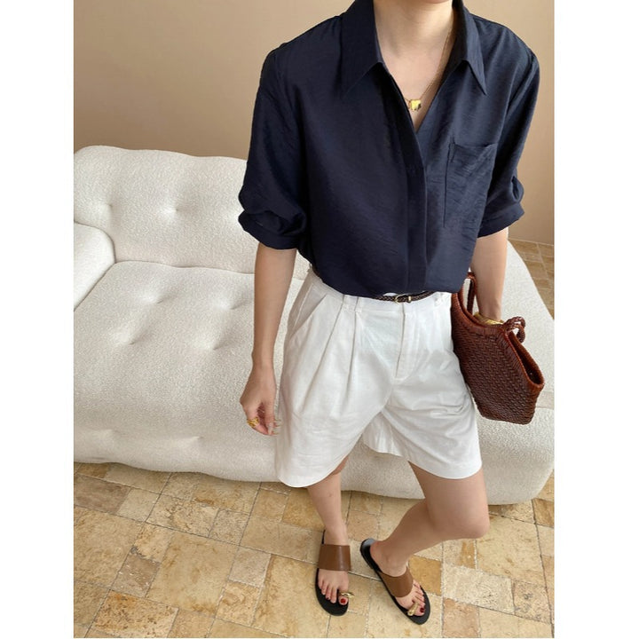 Damen lässige Oversized-Hemdbluse mit Brusttasche Drune
