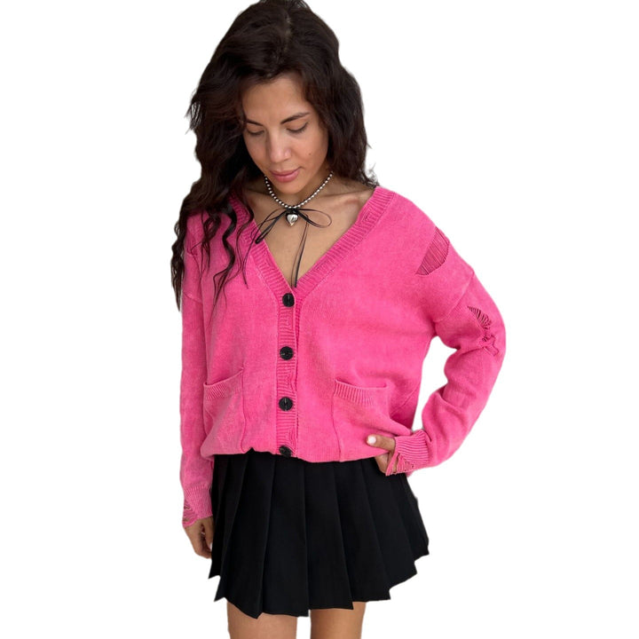 Damen lässige Strickjacke mit modischem V-Ausschnitt und kreativen Cut-Out-Details Drune