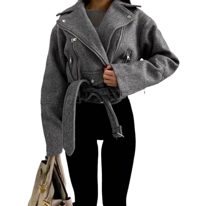 Damen elegante cropped Lederjacke mit asymmetrischem Reißverschluss und Gürtel Drune
