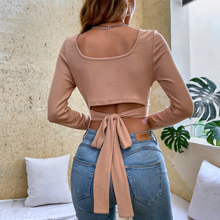 Damen cropped Langarmshirt mit raffiniertem Wickeldetail Drune
