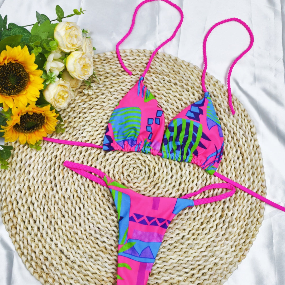 Damen Triangel-Bikini-Set mit fröhlichem Kirschmuster und verstellbaren Trägern Drune